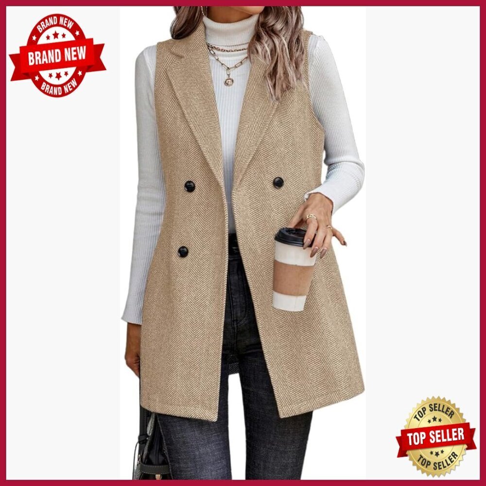 Long Sleeveless Tweed Vest Blazer for Women, Double-Breasted Business Casual